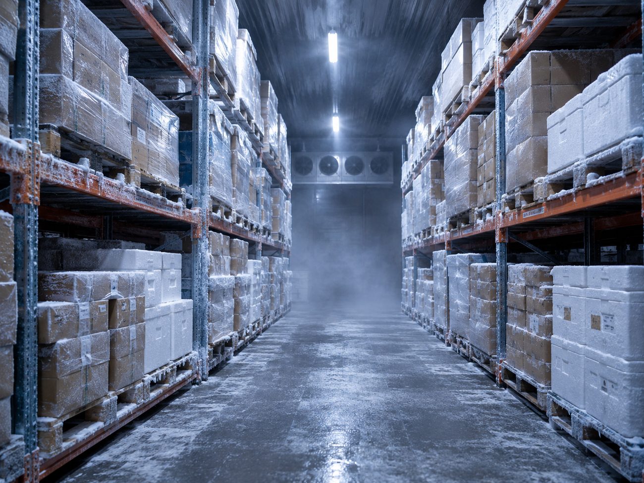 Cámara de congelado con producto en pallets