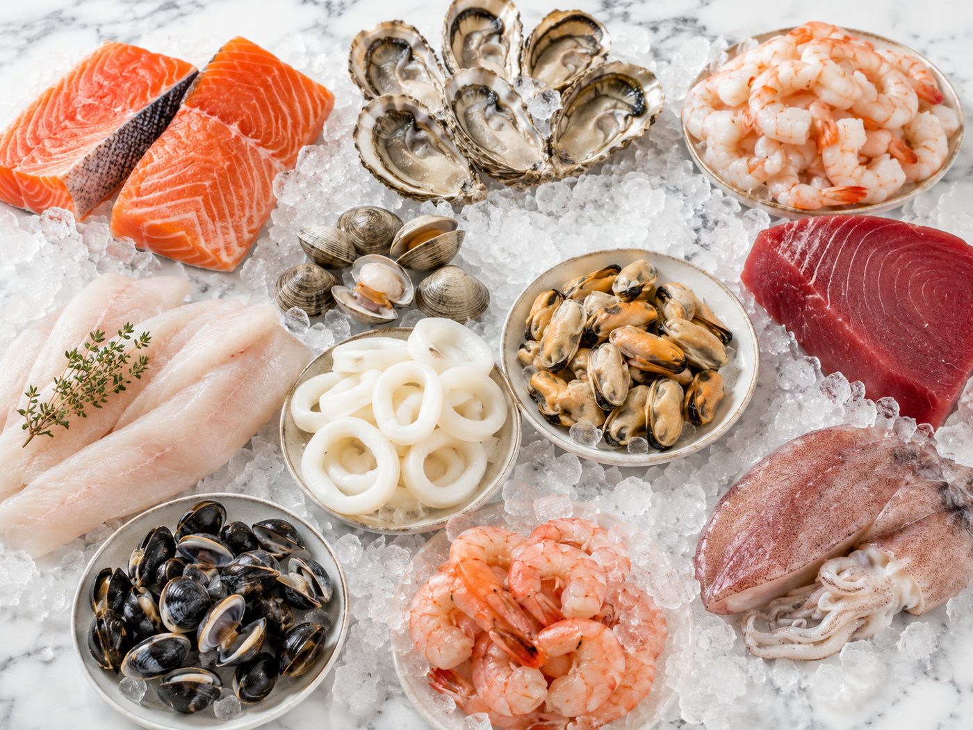 Selección de pescados y mariscos sobre hielo